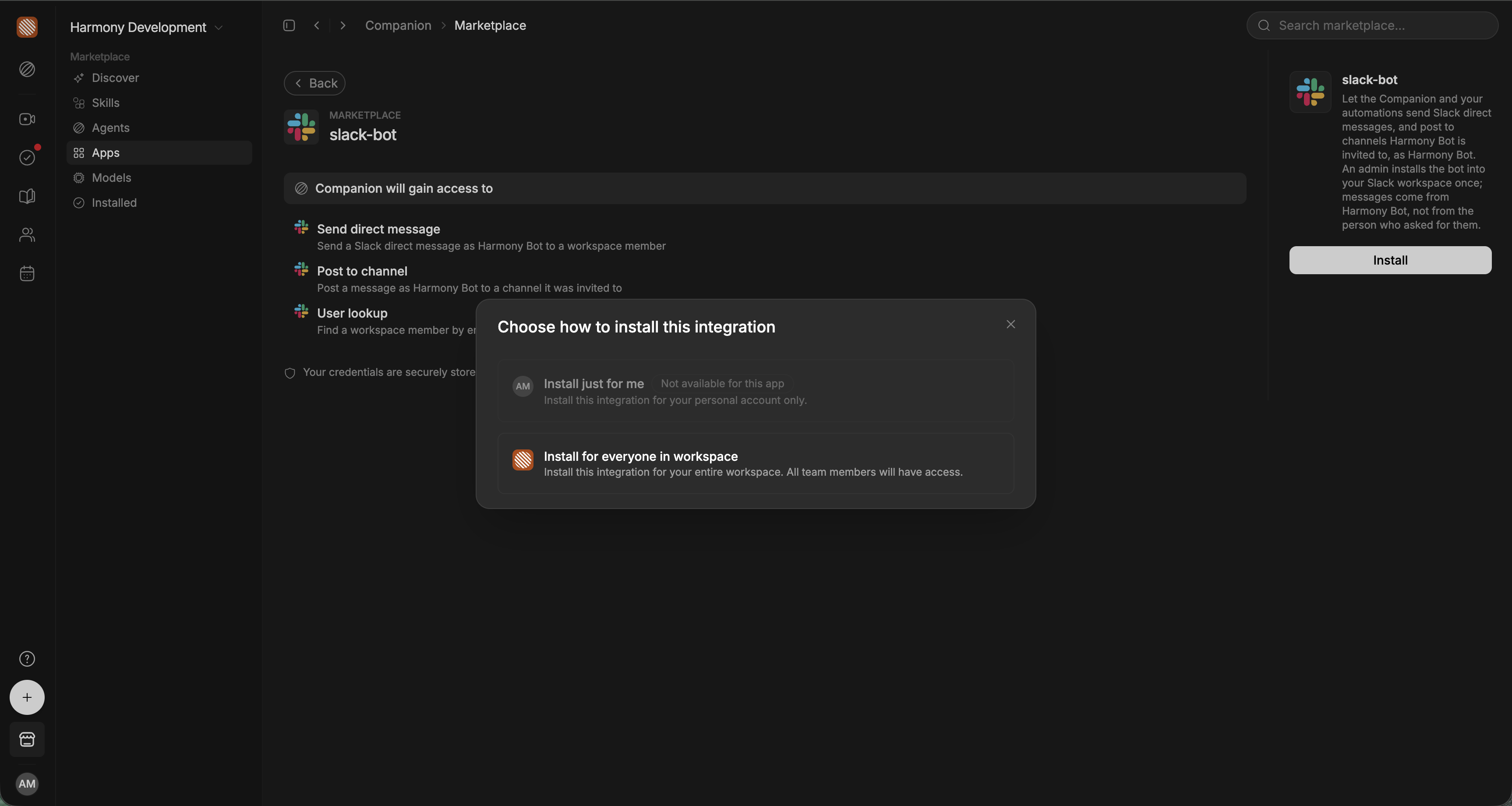 Harmony Bot installation with the Install for everyone in workspace option.