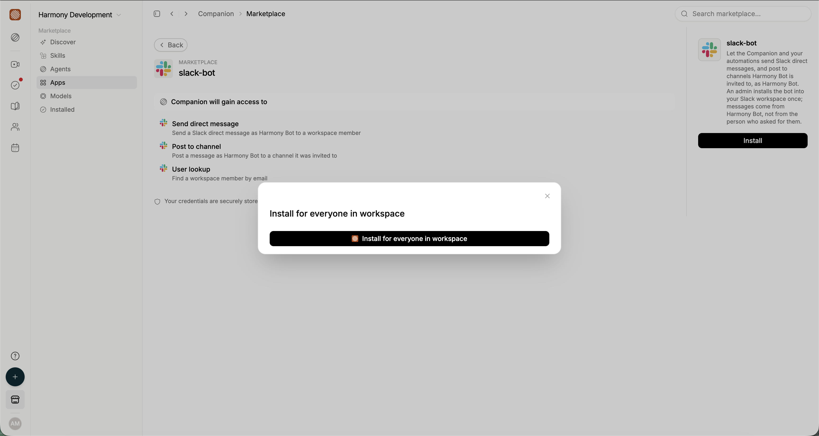 Harmony Bot installation with the Install for everyone in workspace option.