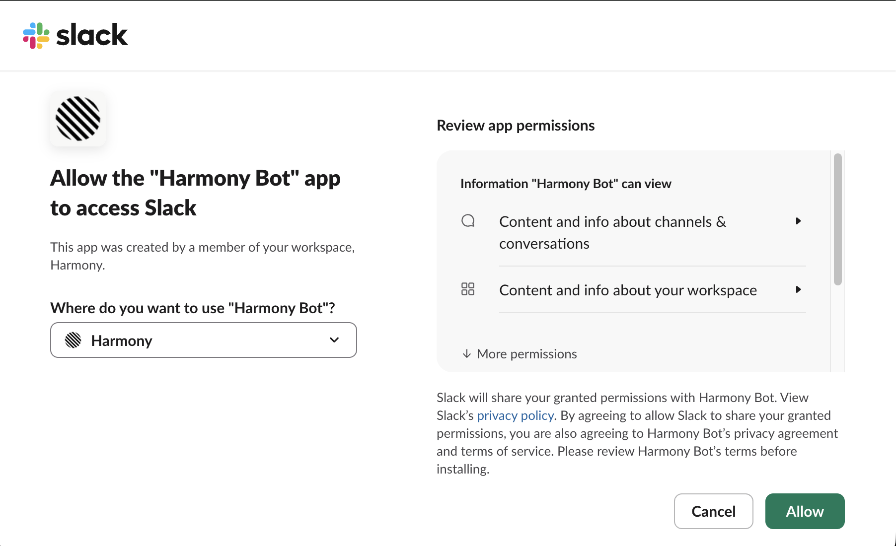 Slack authorization for Harmony Bot with the workspace, app permissions and Allow button.