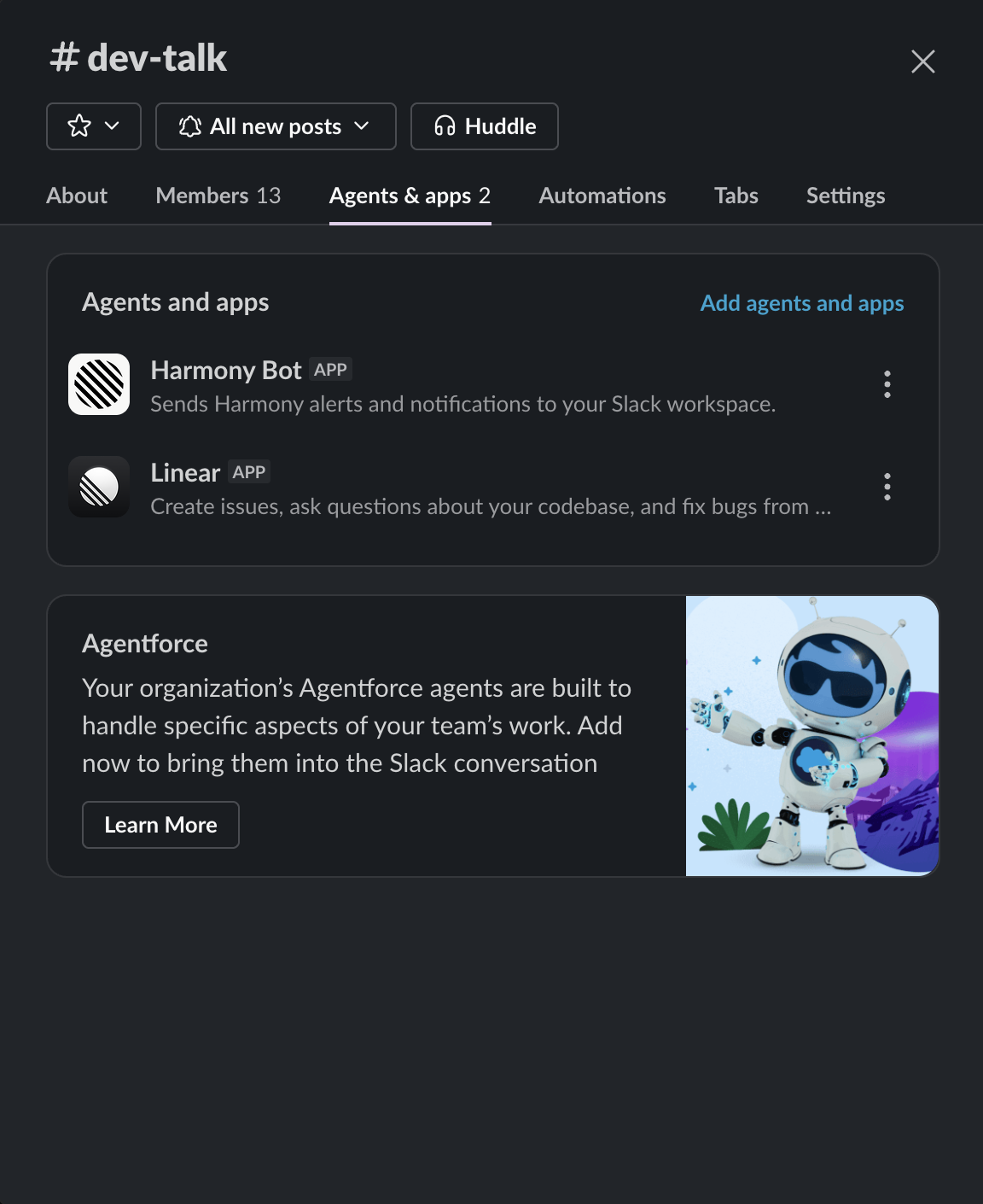 Slack channel details with Harmony Bot listed under Agents & apps.