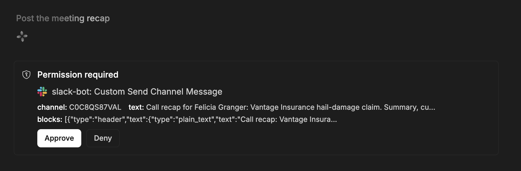 Companion approval for a Harmony Bot channel message with Approve and Deny buttons.