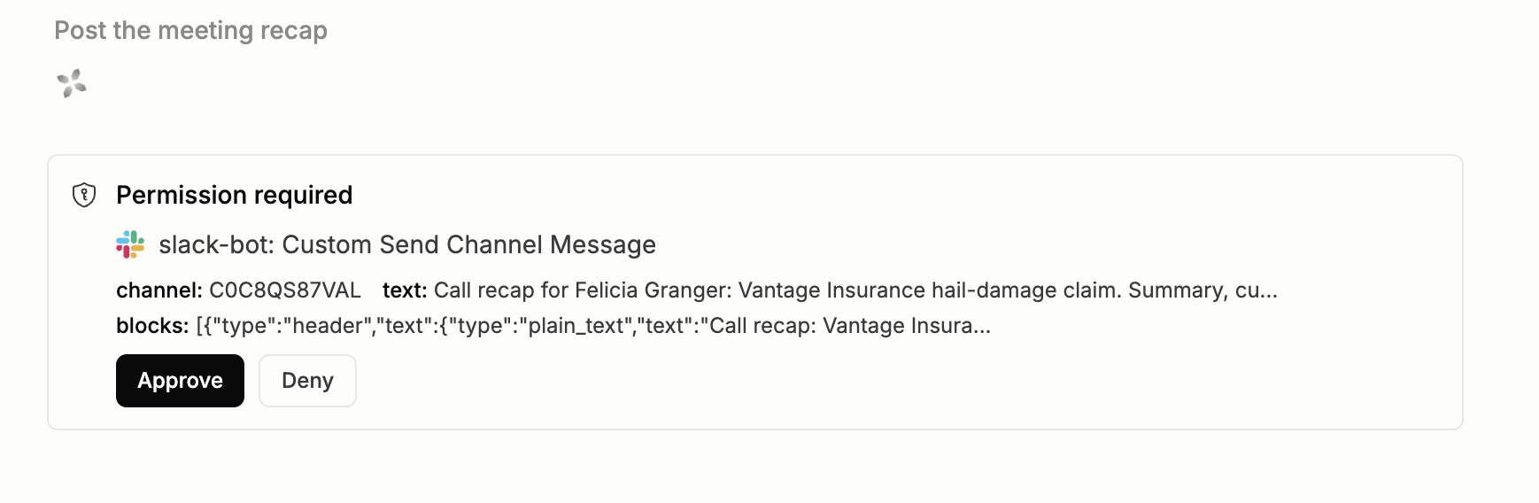 Companion approval for a Harmony Bot channel message with Approve and Deny buttons.