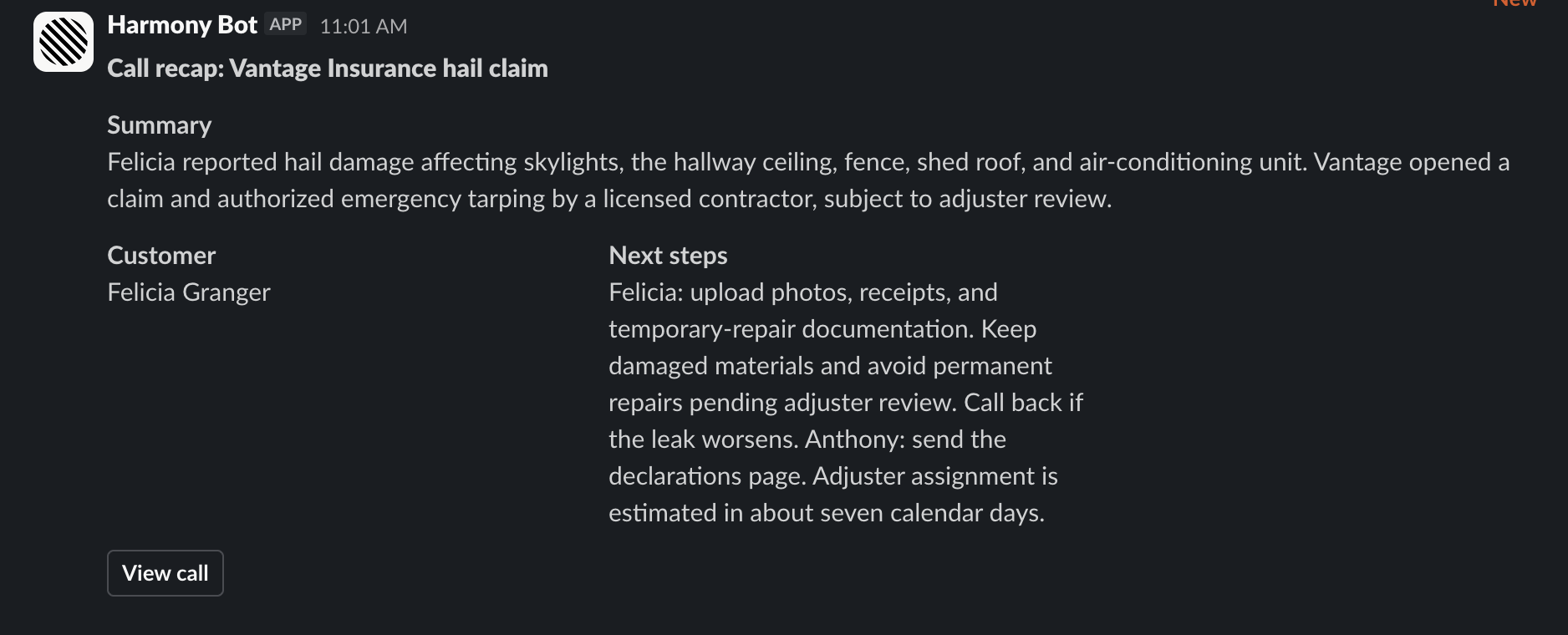 Harmony Bot demo call recap with a summary, Customer and Next steps fields, and a View call button.