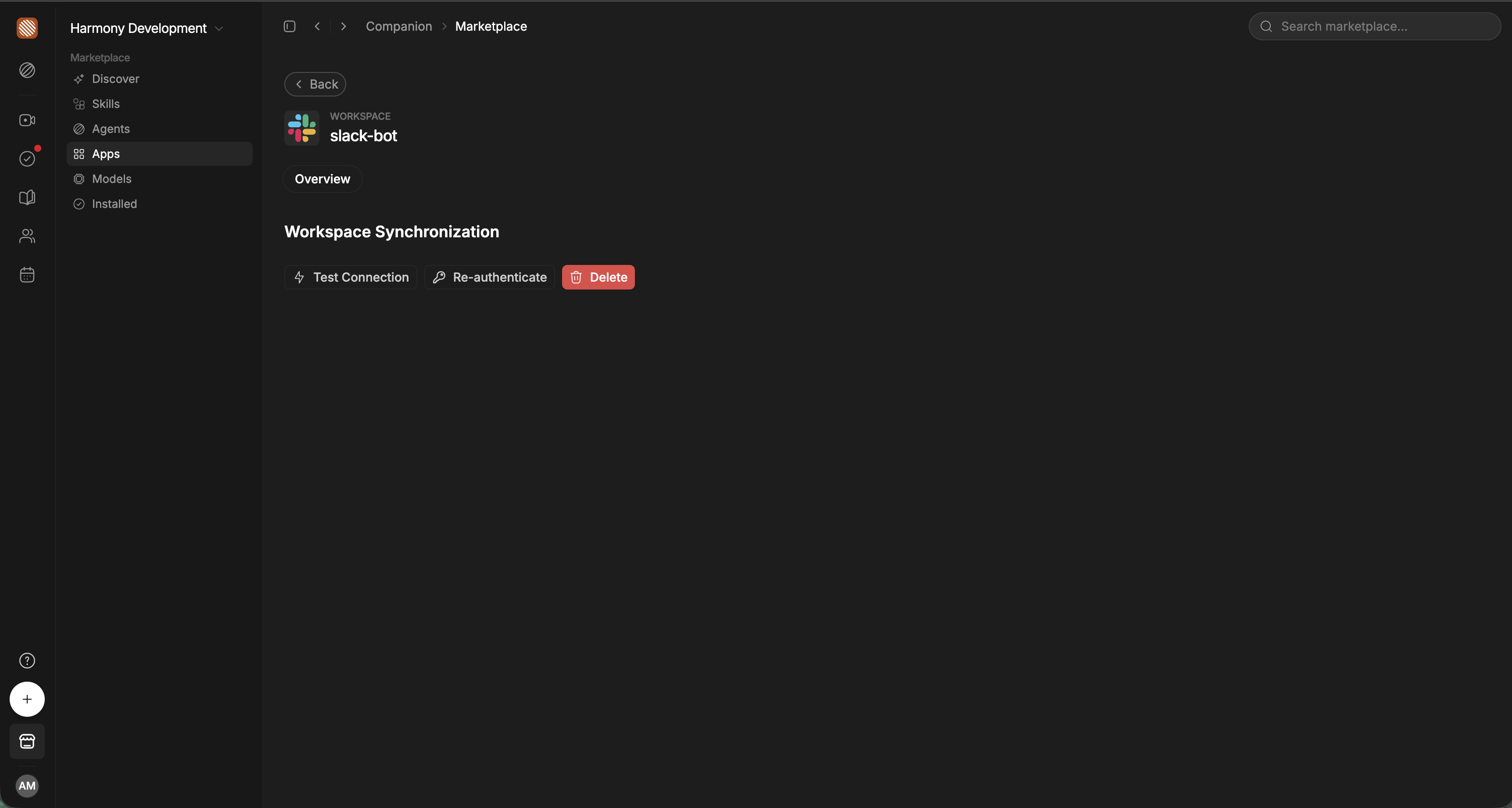 Workspace Harmony Bot connection with Test Connection, Re-authenticate and Delete buttons.