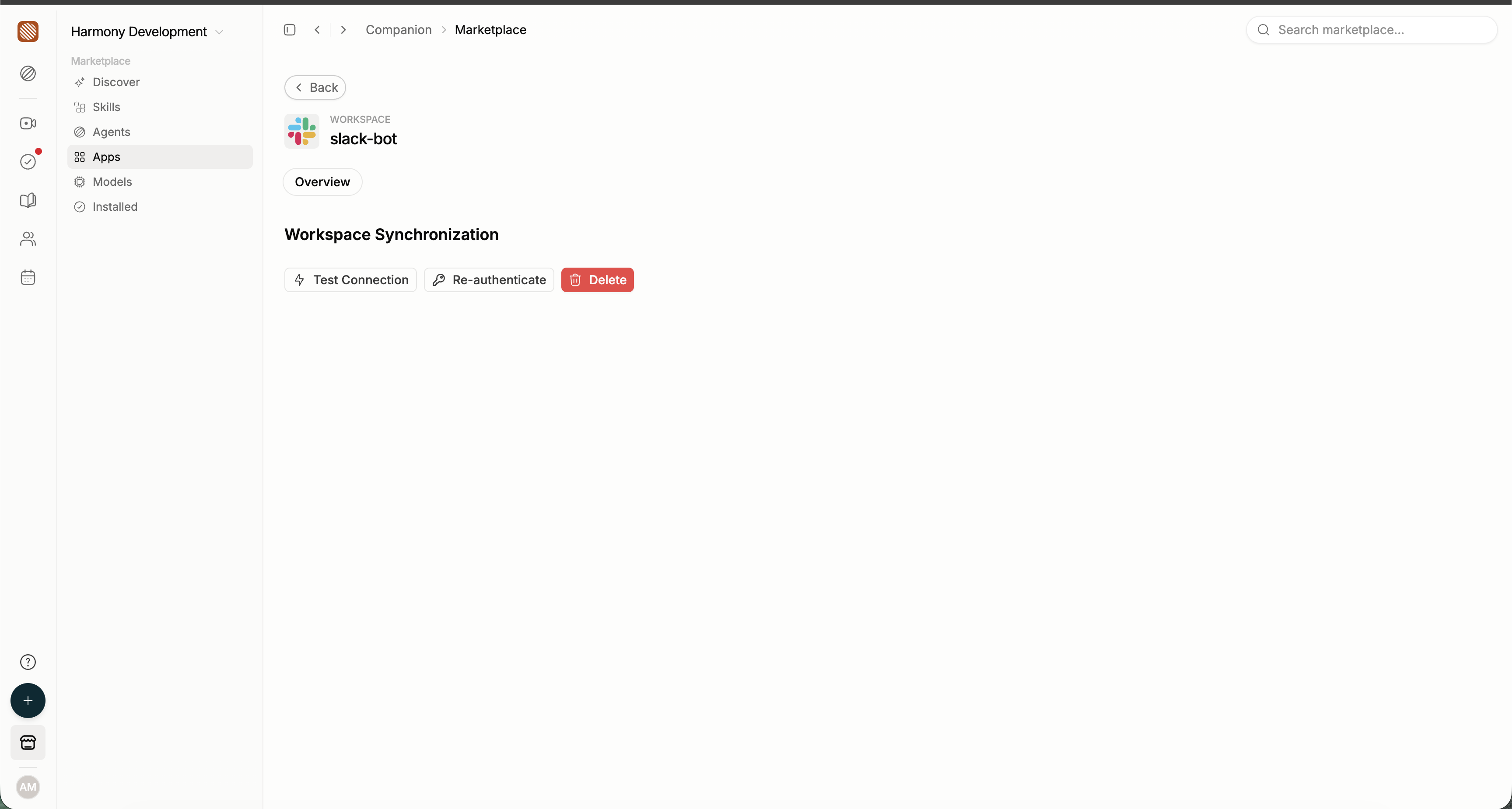 Workspace Harmony Bot connection with Test Connection, Re-authenticate and Delete buttons.