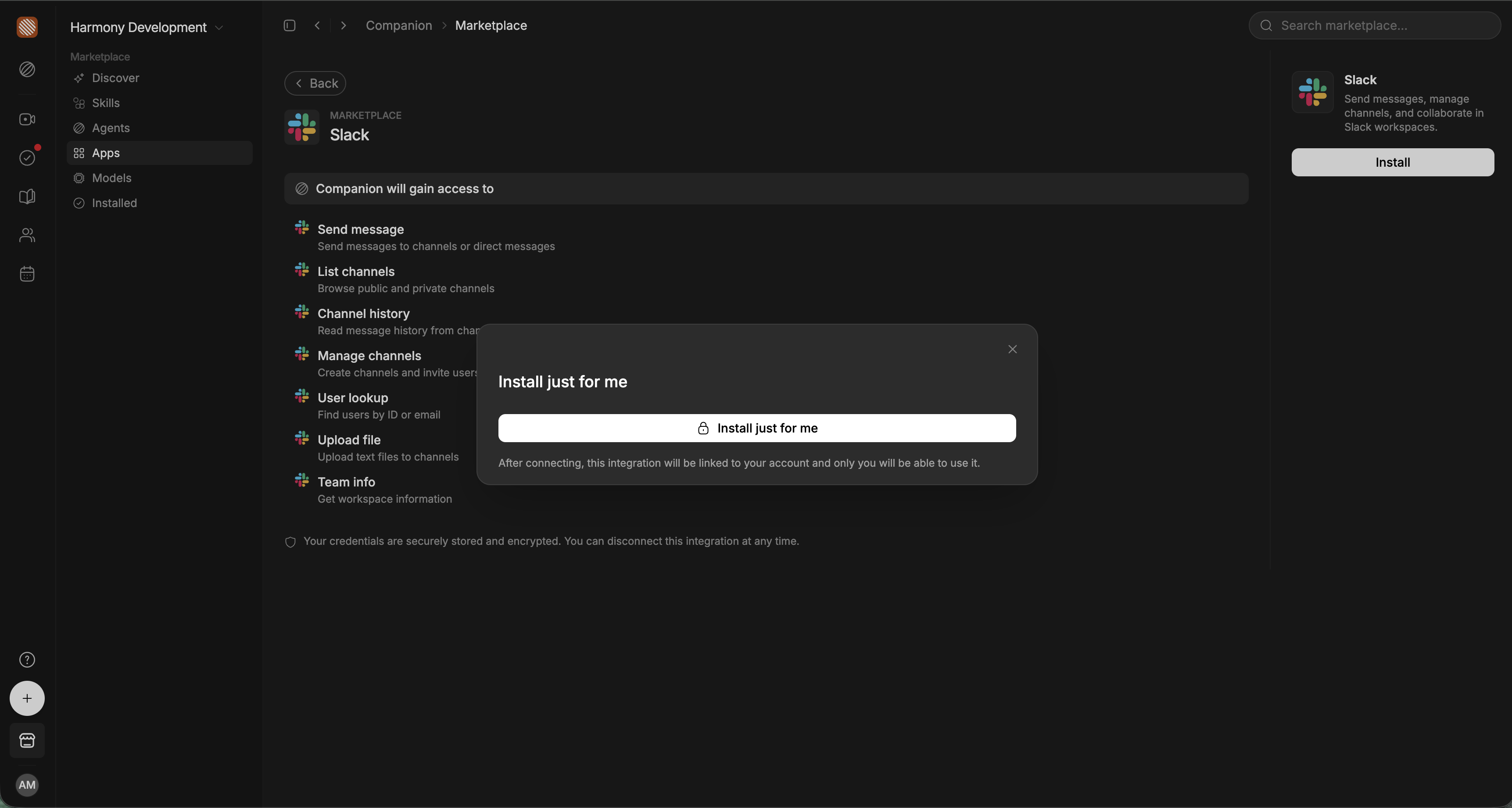 Slack installation in Harmony with the Install just for me button.