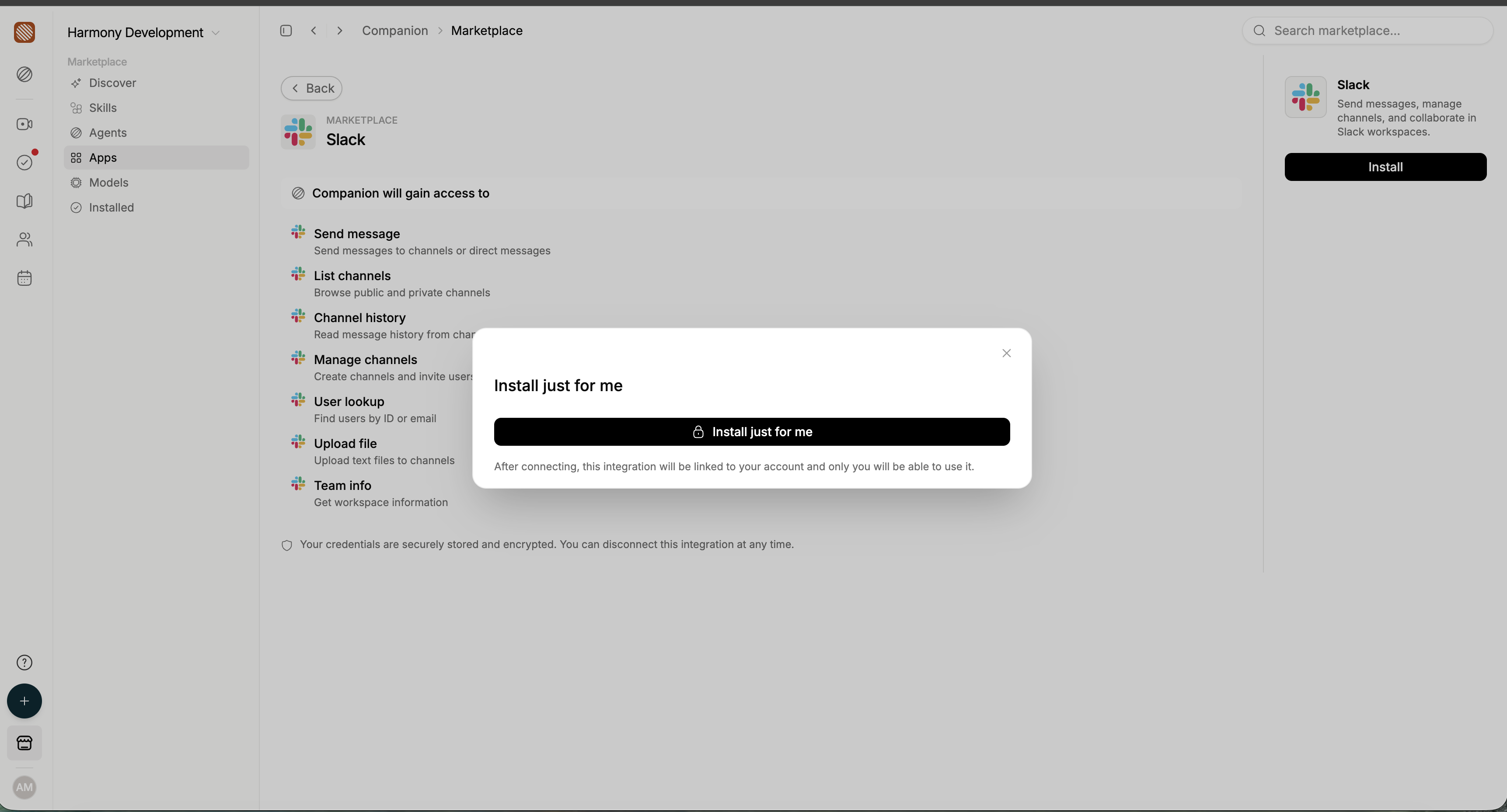Slack installation in Harmony with the Install just for me button.