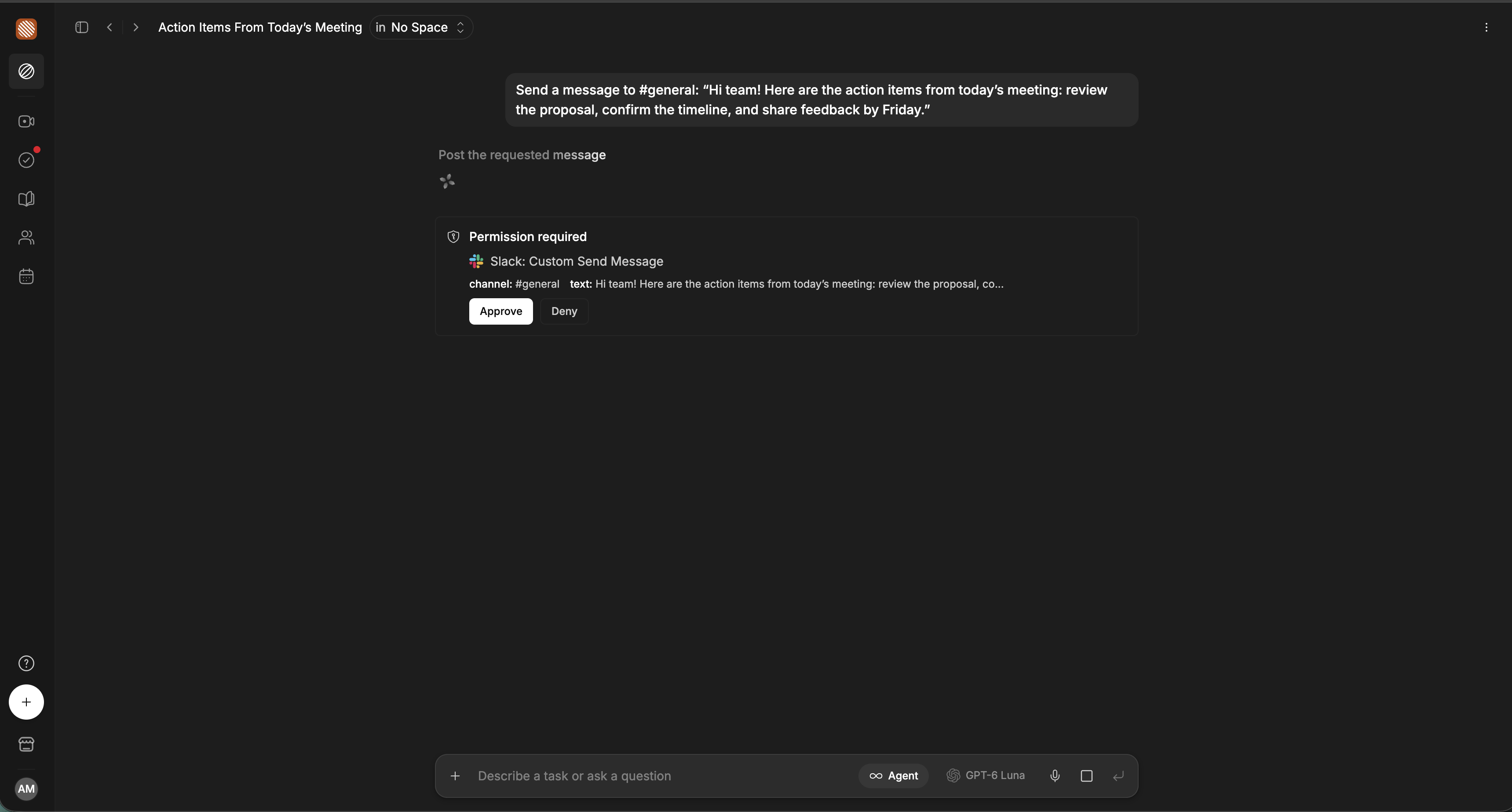 Companion approval for a Slack message in #general with Approve and Deny buttons.