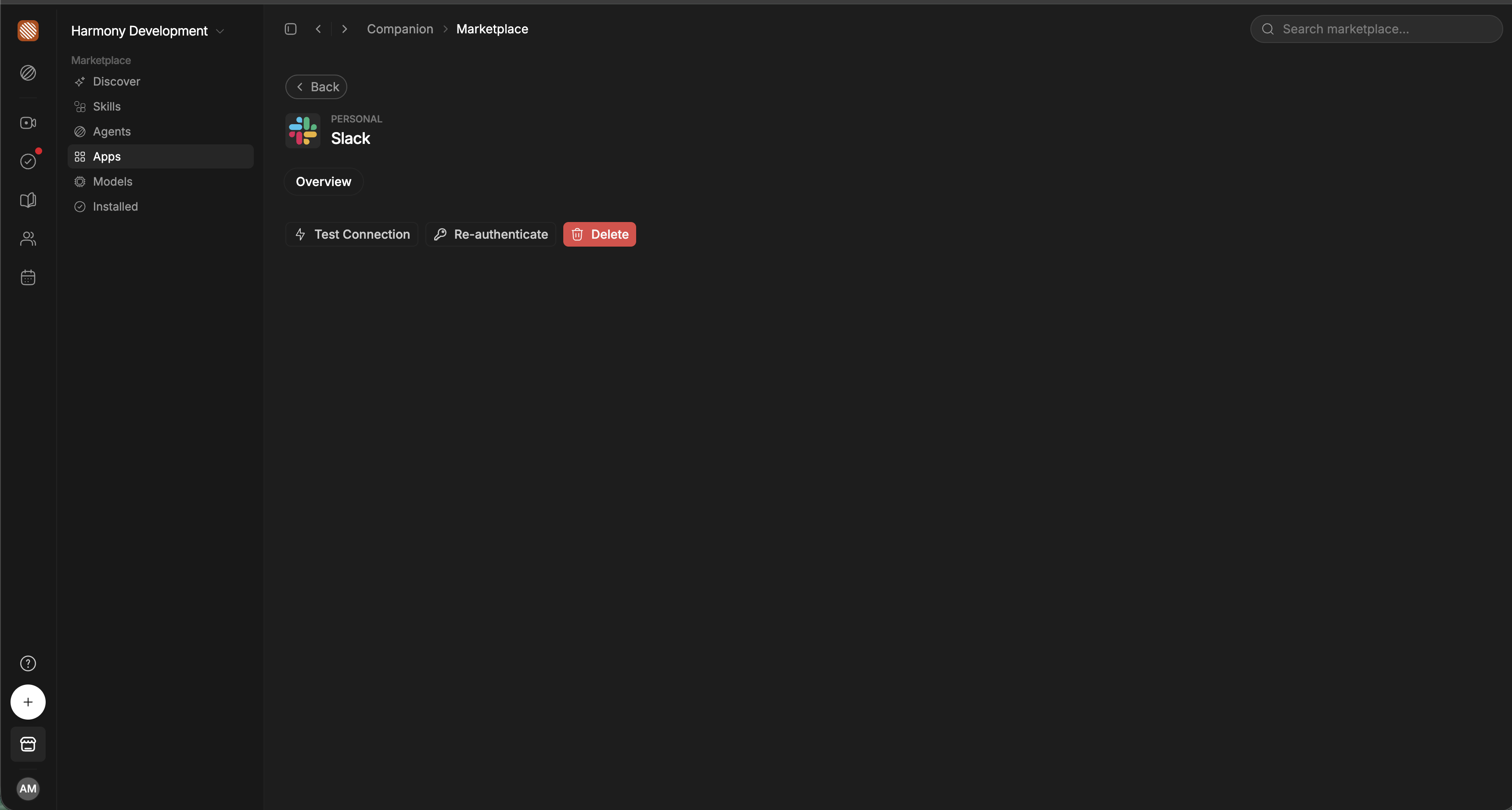 Personal Slack connection with Test Connection, Re-authenticate and Delete buttons.