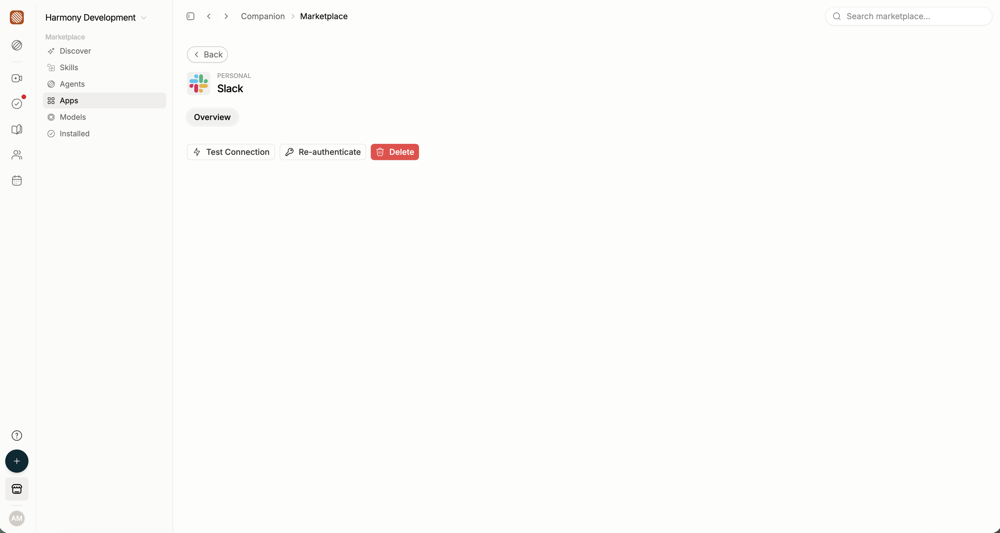 Personal Slack connection with Test Connection, Re-authenticate and Delete buttons.